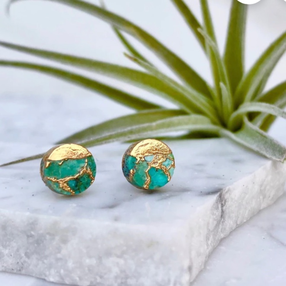 turquoise earring, circle stud earring, stone stud earring, gold studs